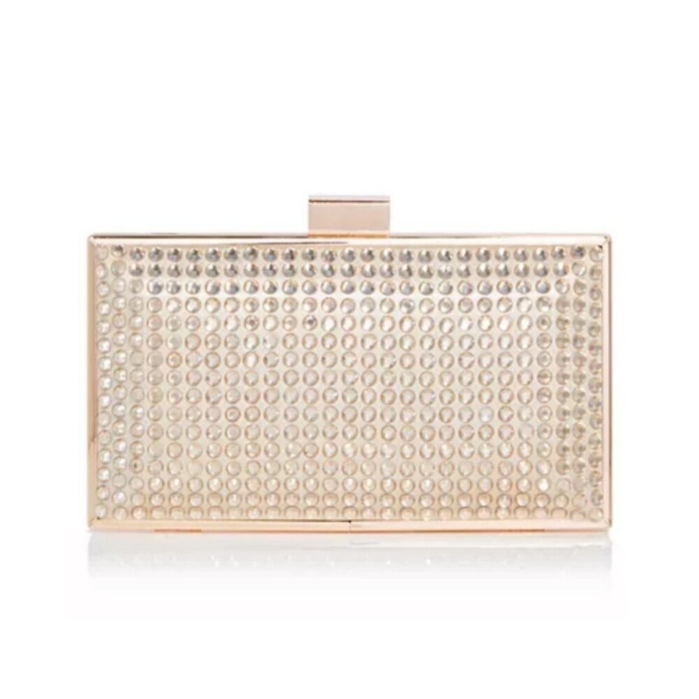 NEW! AQUA Crystal Embellished Minaudiere Clutch Gold